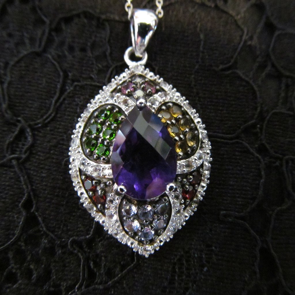 3.60 Ctw Amethyst, Vermelho Garnet, Bixbite ++ Pendant & Chain Silver New In Pkg